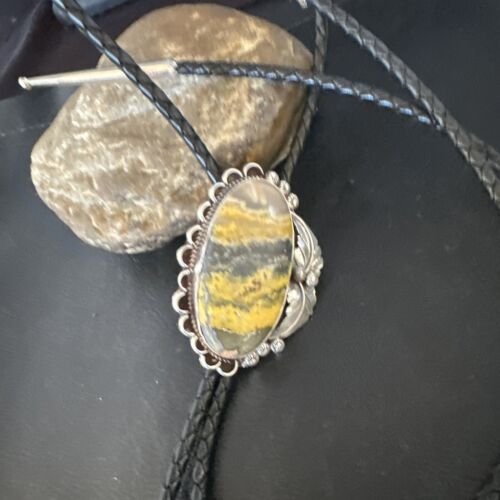 Men's Yellow Bumblebee Jasper Bolo Tie | Navajo Sterling Silver | Authentic Native American Handmade | 15013