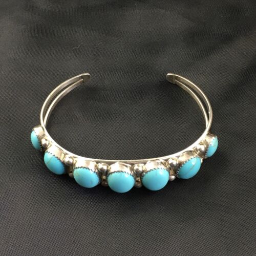 Navajo Sterling Silver Bracelet | Kingman Turquoise | Multi-Stone 7-Stone | Authentic Native American Handmade