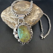 Navajo Green Turquoise Pendant Necklace | Sterling Silver | Authentic Native American Handmade | 15040