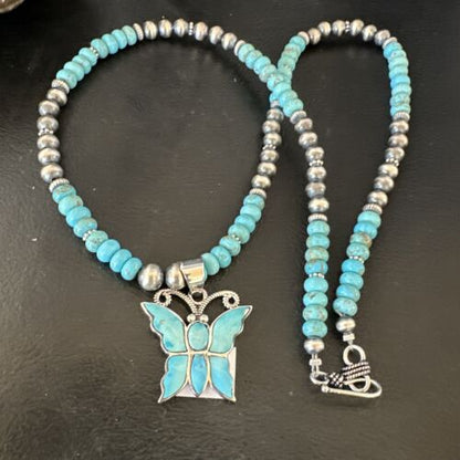 Navajo Butterfly Blue Ridge Turquoise Inlay Pendant Necklace | Sterling Silver | Native American Handmade | 16486