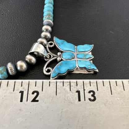 Navajo Butterfly Blue Ridge Turquoise Inlay Pendant Necklace | Sterling Silver | Authentic Native American Handmade | 16642