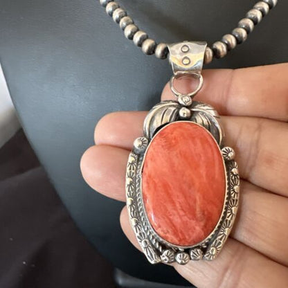 Navajo Red Spiny Oyster Pendant Necklace | Sterling Silver | Authentic Native American Handmade | 15632