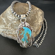 Navajo Blue Turquoise Pendant Necklace | Sterling Silver Pearls | Authentic Native American Handmade | 15652