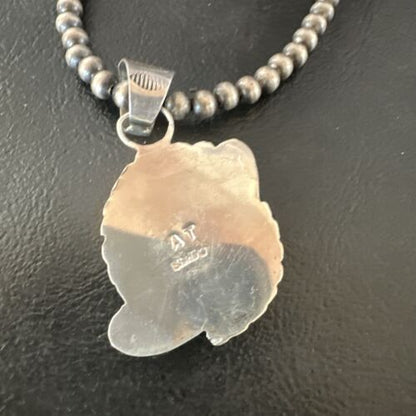 Navajo Orange Spiny Oyster Pendant Necklace | Sterling Silver Pearls | Authentic Native American Handmade | 16553