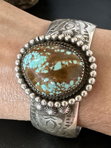 Navajo Men's Blue #8 Turquoise Cuff Bracelet | Sterling Silver | Authentic Native American Handmade | 15856