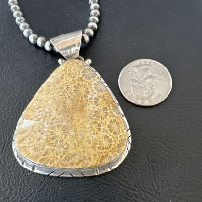 Navajo Pearls Champagne Fossil Coral Pendant Necklace | Sterling Silver Beads | Native American Handmade | 16372