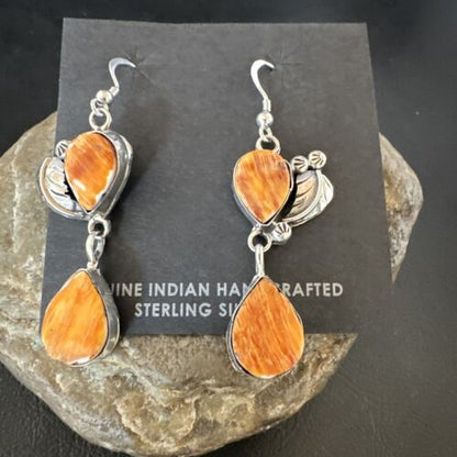 Navajo Orange Spiny Oyster Dangle Earrings | Sterling Silver | 1.5" | Authentic Native American Handmade | 16566