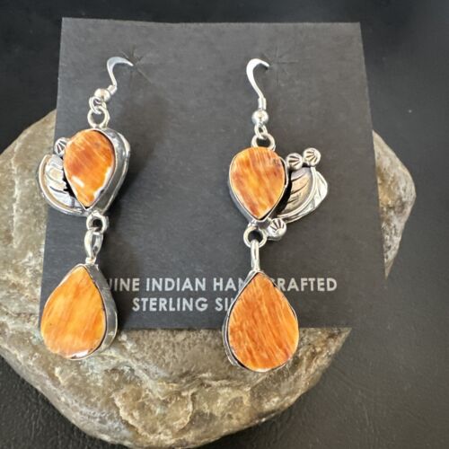 Navajo Orange Spiny Oyster Dangle Earrings | Sterling Silver | 1.5" | Authentic Native American Handmade | 16566