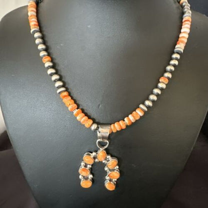 Navajo Orange Spiny Oyster Inlay Naja Pendant | Sterling Silver | Authentic Native American Handmade | 17428