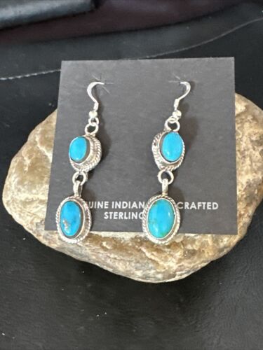 Kingman Turquoise Dangle Earrings | Navajo Sterling Silver | Authentic Native American Handmade | 14863
