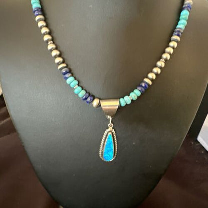 Navajo Opal Inlay Pendant with Turquoise & Lapis | Sterling Silver Necklace | Authentic Native American Handmade | 16848