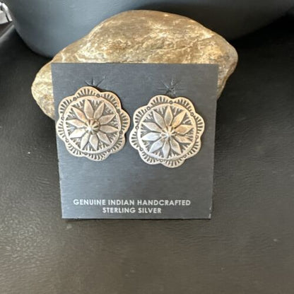 Navajo Sterling Silver Stamped Round Earrings | Authentic Native American Handmade | 15937