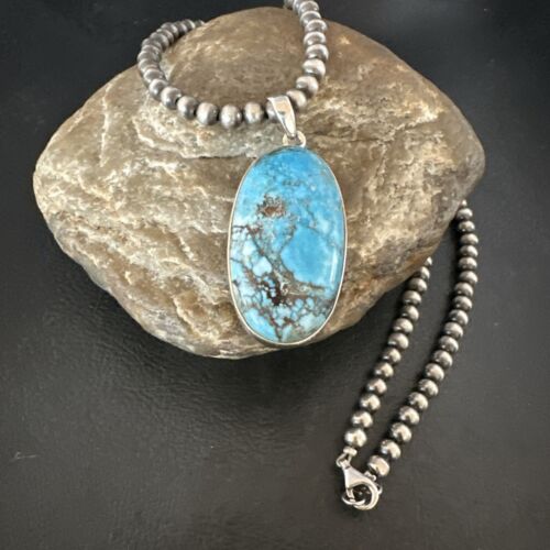 Navajo Blue Spiderweb Turquoise Pendant Necklace | Sterling Silver | Authentic Native American Handmade | 17023