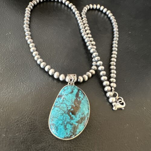 Men's Navajo Blue Spiderweb Turquoise Pendant Necklace | Sterling Silver | Authentic Native American Handmade | 16273