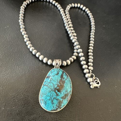 Men's Navajo Blue Spiderweb Turquoise Pendant Necklace | Sterling Silver | Authentic Native American Handmade | 16273