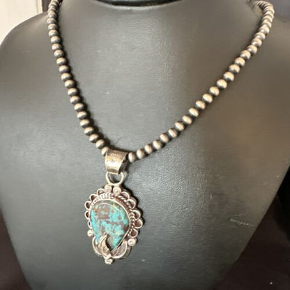 Navajo Blue Turquoise Pendant Necklace | Sterling Silver Pearls | Authentic Native American Handmade | 15644