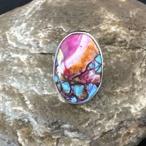 Blue Turquoise Purple Spiny Oyster Navajo Sterling Silver Ring Size 8 16623