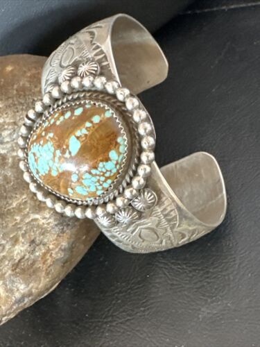 Navajo Men's Blue #8 Turquoise Cuff Bracelet | Sterling Silver | Authentic Native American Handmade | 15856