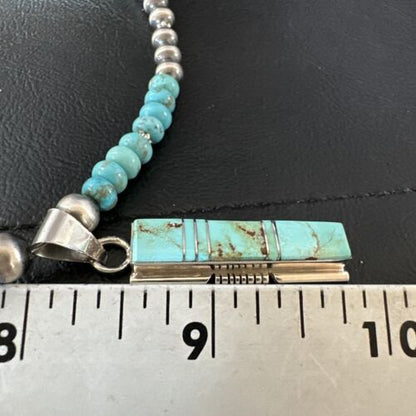 Turquoise #8 Inlay Pendant Necklace | Navajo Sterling Silver | Authentic Native American Handmade | 17121