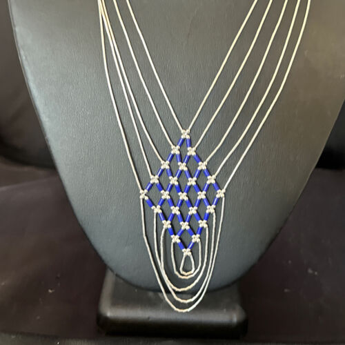 Crisscross Blue Lapis Heishi Necklace | 5 Strand Liquid Sterling Silver | 22" | 15882