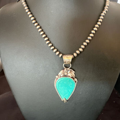 Navajo Blue Turquoise Pendant Necklace | Sterling Silver Pearls | Authentic Native American Handmade | 15648