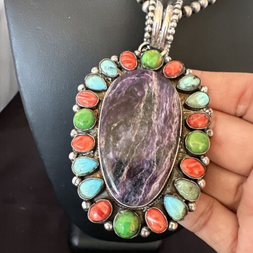 Navajo Purple Charoite Spiny Turquoise Pendant Necklace | Sterling Silver | Multi-Stone | 17146