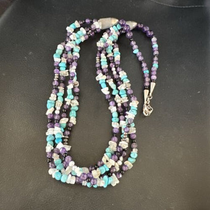Purple Amethyst Blue Turquoise Necklace | Sterling Silver | Authentic Native American Handmade | 17506
