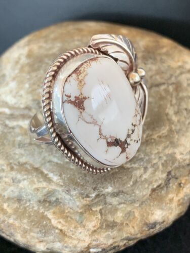 Southwestern Navajo White Buffalo Turquoise Ring | Sterling Silver | Sz 8.5 | 00317