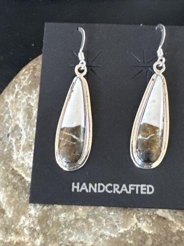 Navajo White Buffalo Turquoise Dangle Earrings | Sterling Silver | Authentic Native American Handmade | 16521