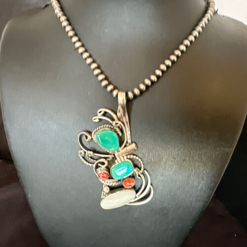 Navajo Kingman Turquoise Spiny Oyster | Mother of Pearl Necklace Pendant | Sterling Silver | 15952