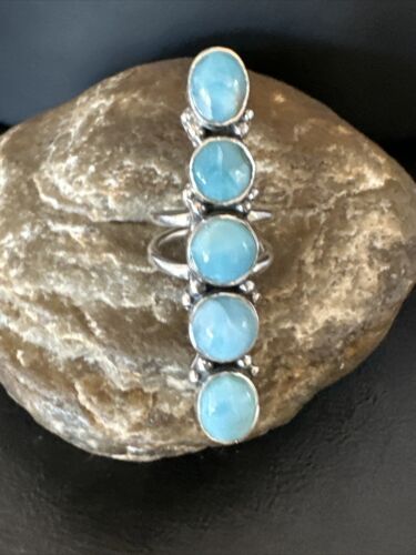 Navajo Women's Cluster Blue Larimar Ring | Authentic Native American Sterling Silver | Multi-Stone | Sz 7 | 15945