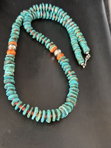 Navajo Blue Turquoise & Spiny Oyster Graduated Necklace | Sterling Silver | Authentic Native American | 28" | 14887