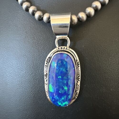 Men's Women's Blue Fire Opal Navajo Pendant | Sterling Silver | Authentic Native American Handmade | 16482