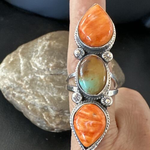Navajo Green Turquoise Spiny Oyster Multi-Stone Ring | Authentic Native American Sterling Silver | Sz 9.5 | 16715