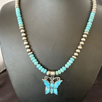 Navajo Butterfly Blue Ridge Turquoise Inlay Pendant Necklace | Sterling Silver | Authentic Native American Handmade | 16642