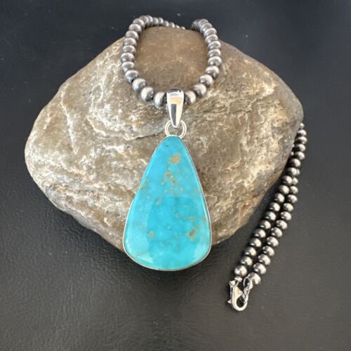 Navajo Blue Kingman Turquoise Pendant Necklace | Sterling Silver | 20" | Authentic Native American Handmade | 16724 - Masha USA