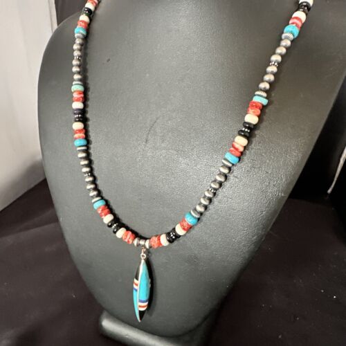 Navajo Turquoise Spiny Oyster Inlay Pendant Necklace | Sterling Silver | Authentic Native American Handmade | 13560