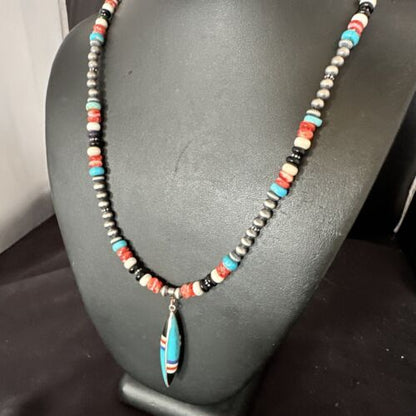 Navajo Turquoise Spiny Oyster Inlay Pendant Necklace | Sterling Silver | Authentic Native American Handmade | 13560