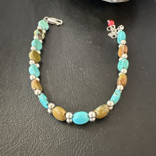 Women's Blue Turquoise Bead Bracelet | Southwestern Sterling Silver Link | 8" | 17232