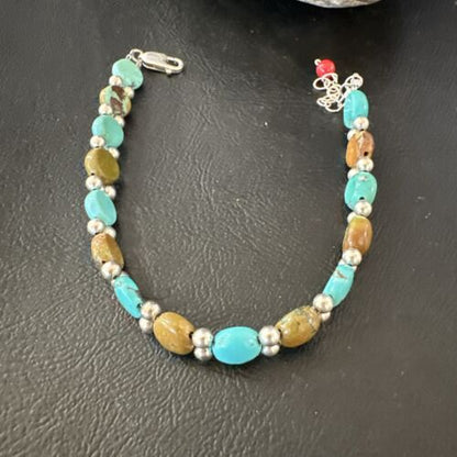 Women's Blue Turquoise Bead Bracelet | Southwestern Sterling Silver Link | 8" | 17232