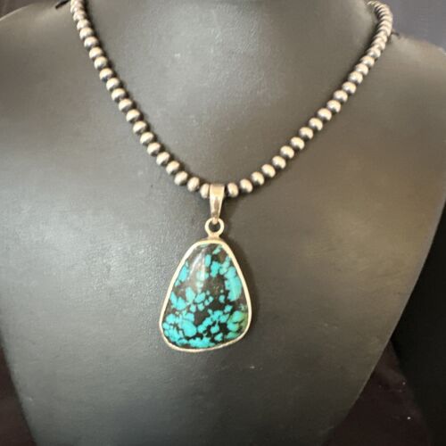 Men's Navajo Blue Spiderweb Turquoise Pendant Necklace | Sterling Silver | Authentic Native American Handmade | 16218