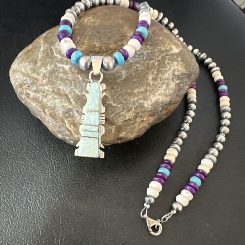 Navajo Opal Inlay Pendant with Turquoise and Sugilite | Sterling Silver Necklace | Authentic Native American Handmade | 16850