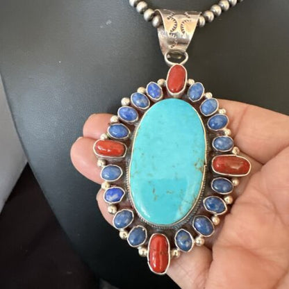 Navajo Blue Kingman Turquoise Coral Lapis Pendant Necklace | Sterling Silver | 17150