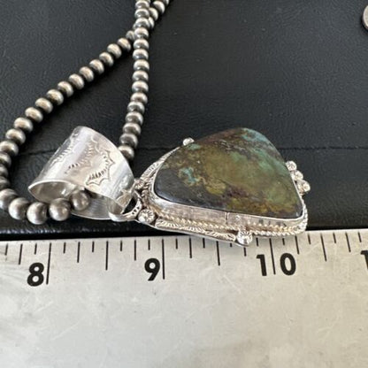 Men's Navajo Green Royston Turquoise Pendant Necklace | Sterling Silver | Authentic Native American Handmade | 17479