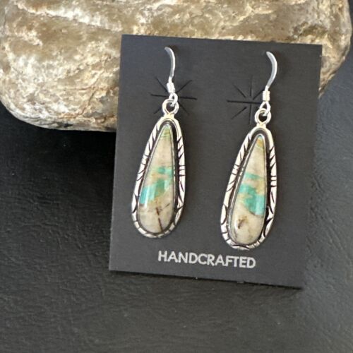 Navajo Blue Boulder Turquoise Dangle Earrings | Sterling Silver | Authentic Native American Handmade | 16504