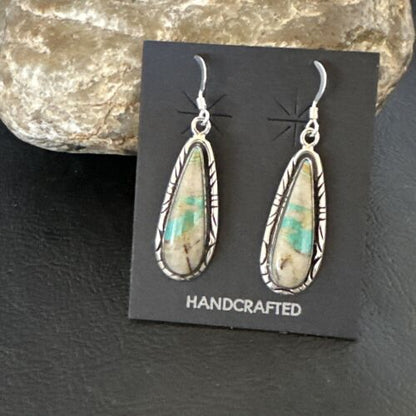 Navajo Blue Boulder Turquoise Dangle Earrings | Sterling Silver | Authentic Native American Handmade | 16504