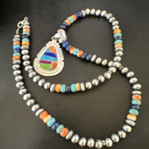 Navajo Lapis Spiny Oyster Turquoise Inlay Pendant Necklace | Sterling Silver | 21" | Authentic Native American Handmade | 16628