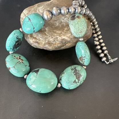 Navajo Blue Turquoise Chunky Pearls Necklace | Sterling Silver | 20" | Authentic Native American Handmade | 17496