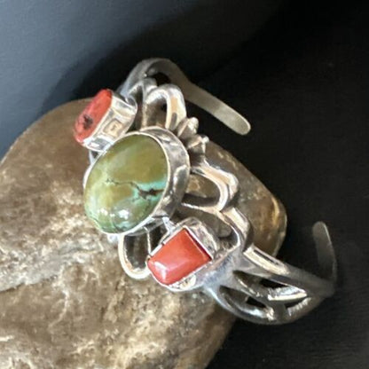 Royston Turquoise Coral Cuff Bracelet | Navajo Tufa Cast | Sterling Silver | Authentic Native American Handmade | 16778