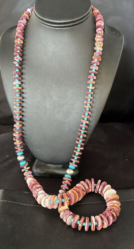 Authentic Native American Navajo Necklace | Purple Spiny Oyster & Turquoise | Sterling Silver | 34" | 15091